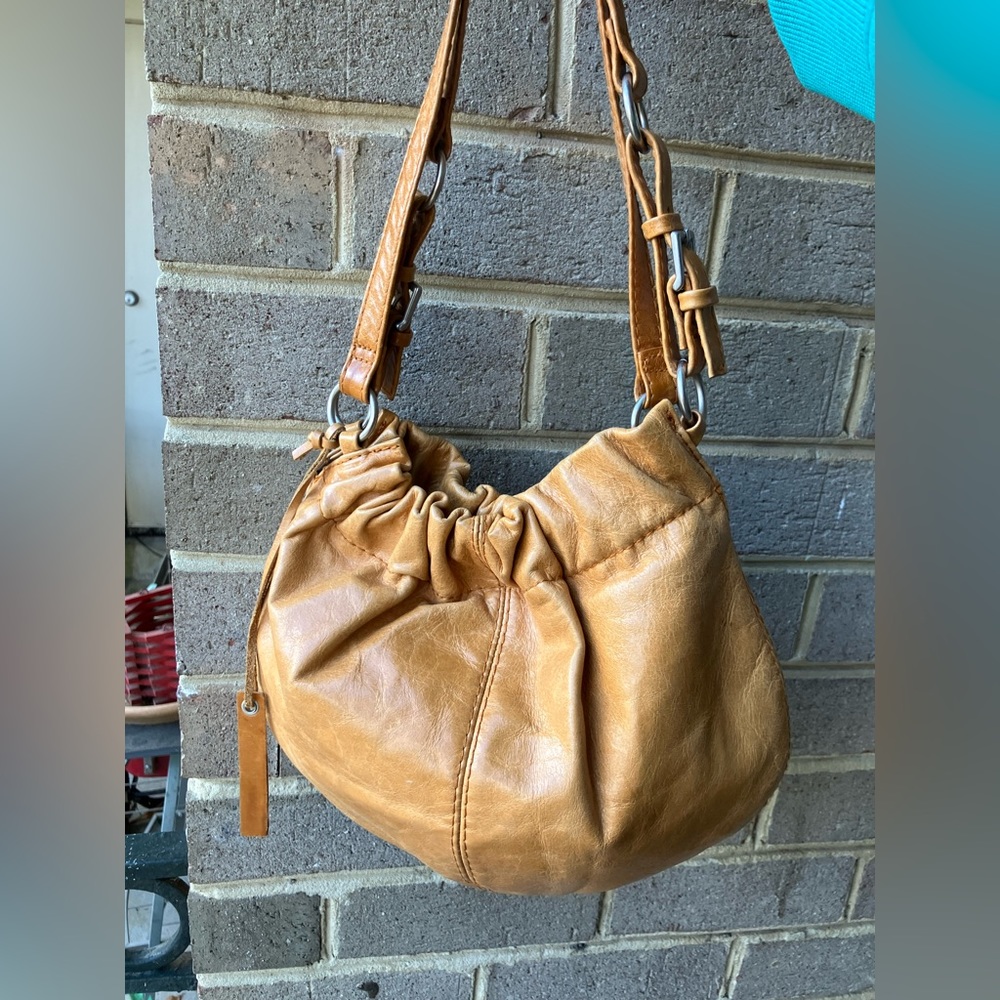 ASOS Leather Bag Purse Tan Ruched Bohemian Chic - Picture 7 of 17